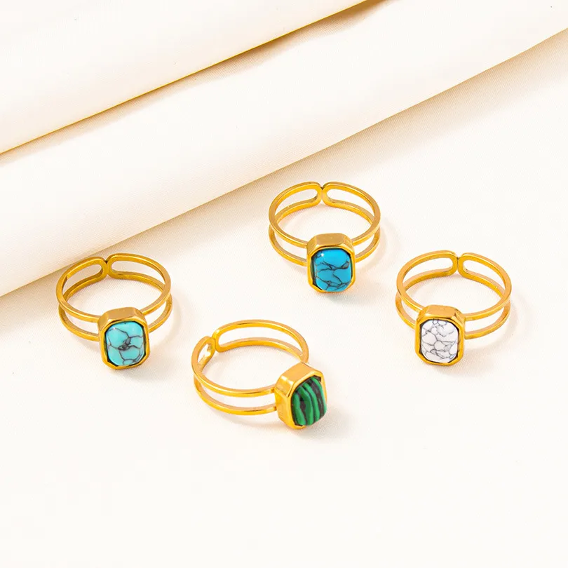 304 Stainless Steel 18K Gold Plated Vintage Style Classic Style Inlay Geometric Artificial Gemstones Imitating Stone Open Rings display picture 5