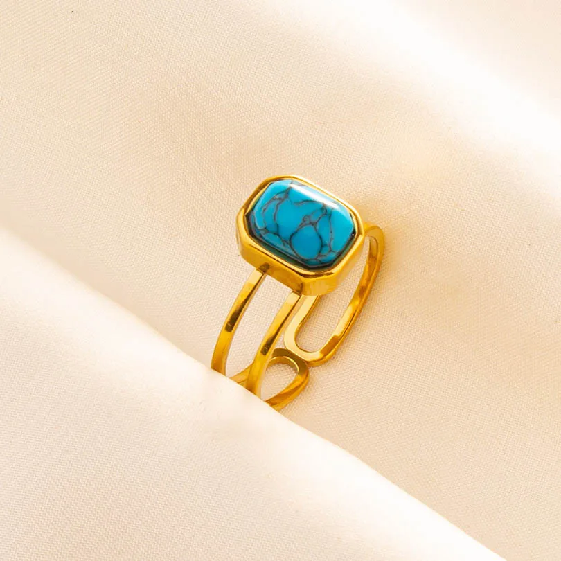 304 Stainless Steel 18K Gold Plated Vintage Style Classic Style Inlay Geometric Artificial Gemstones Imitating Stone Open Rings display picture 6