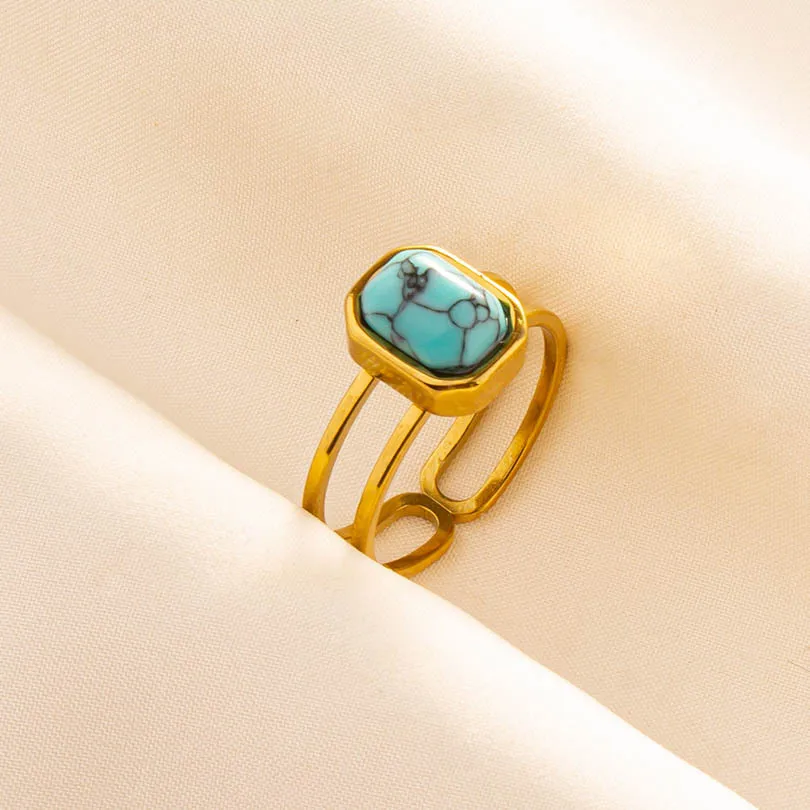 304 Stainless Steel 18K Gold Plated Vintage Style Classic Style Inlay Geometric Artificial Gemstones Imitating Stone Open Rings display picture 10