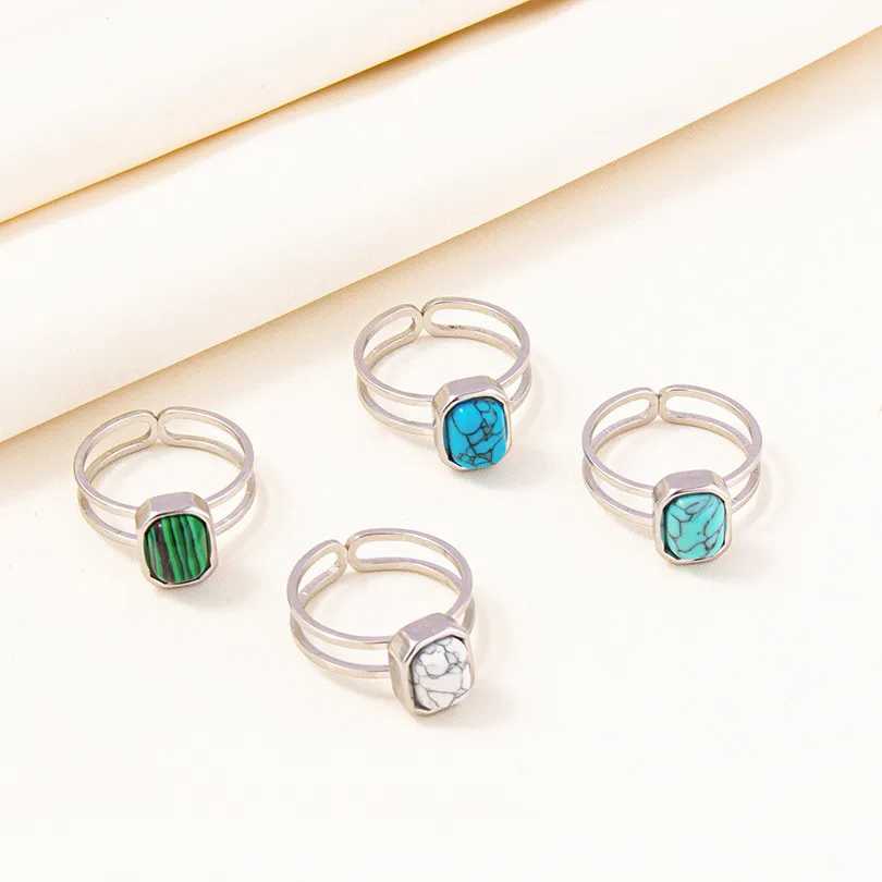 304 Stainless Steel 18K Gold Plated Vintage Style Classic Style Inlay Geometric Artificial Gemstones Imitating Stone Open Rings display picture 12