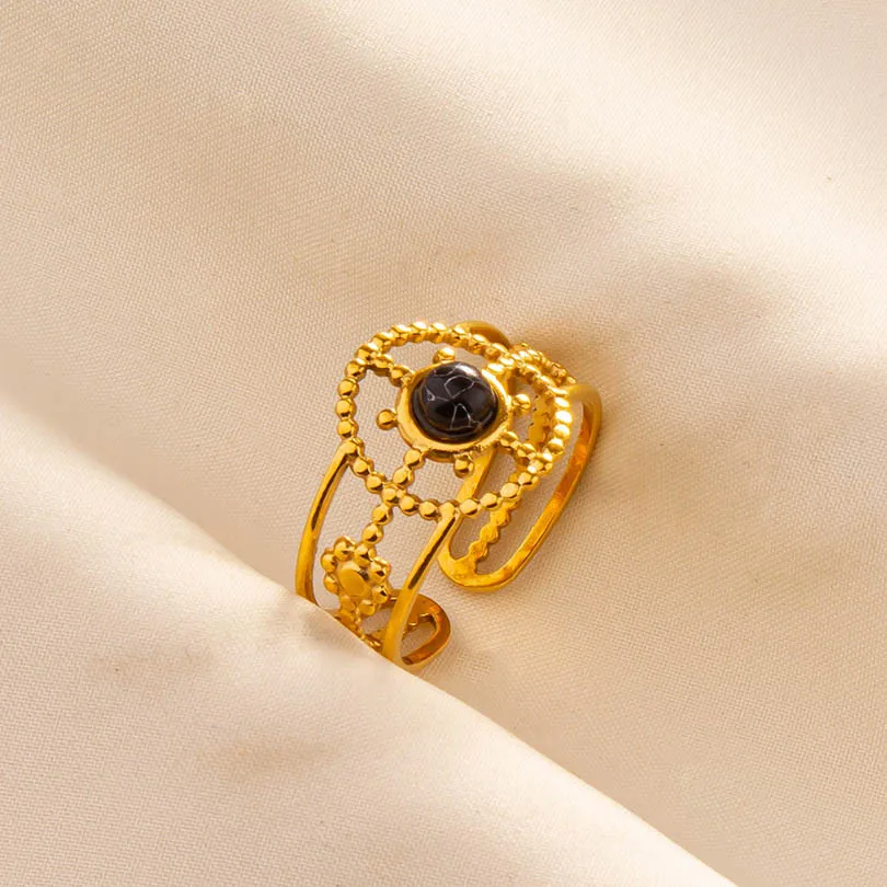 304 Stainless Steel 18K Gold Plated Vintage Style Classic Style Inlay Geometric Artificial Gemstones Imitating Stone Open Rings display picture 16