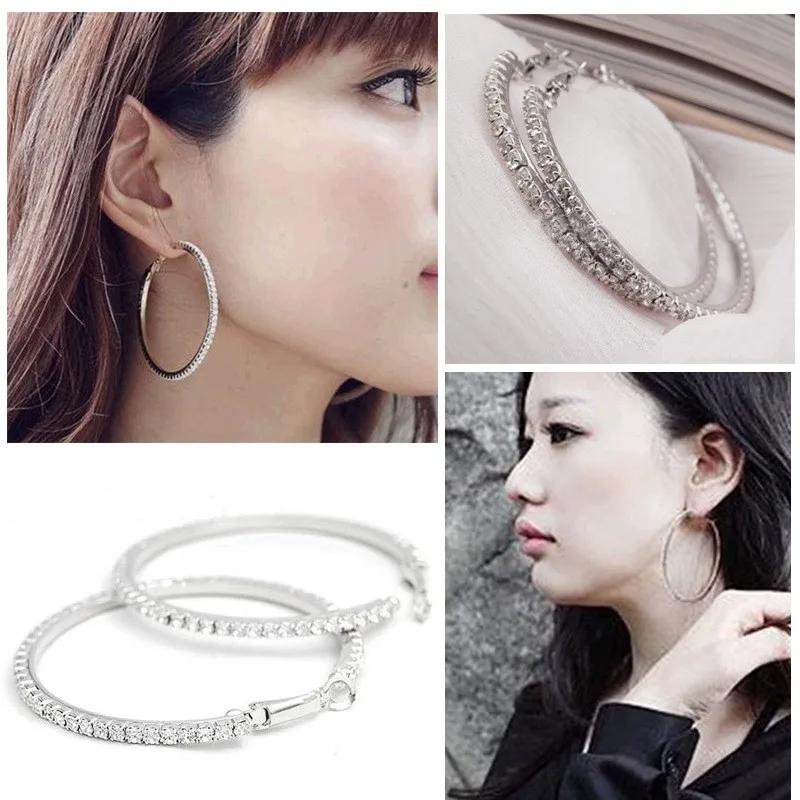 1 Pair Simple Style Cool Style Round Plating Inlay Iron Rhinestones Silver Plated Earrings display picture 5