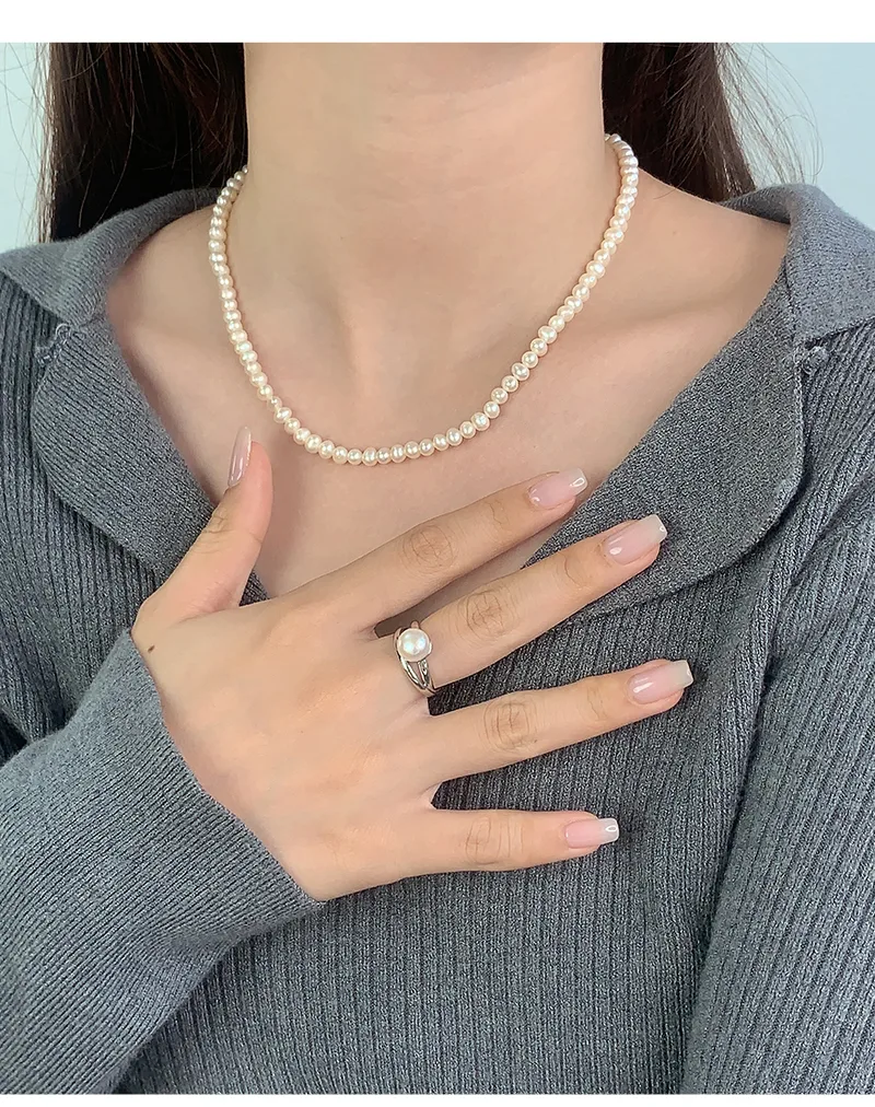 White Gold Plated 925 Sterling Silver Pearl Solid Color Open Rings display picture 1
