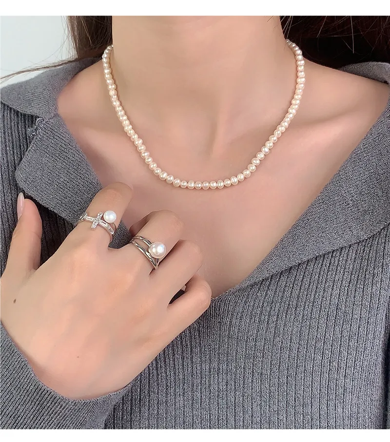 White Gold Plated 925 Sterling Silver Pearl Solid Color Open Rings display picture 6