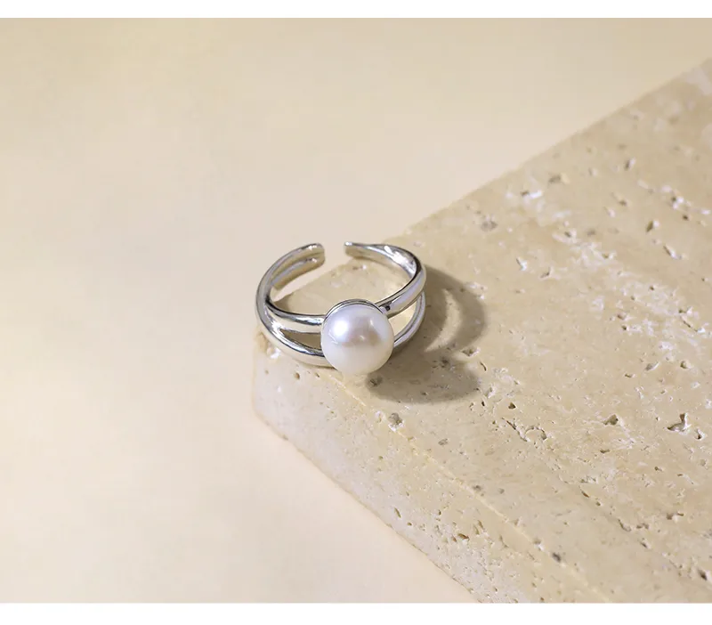 White Gold Plated 925 Sterling Silver Pearl Solid Color Open Rings display picture 7