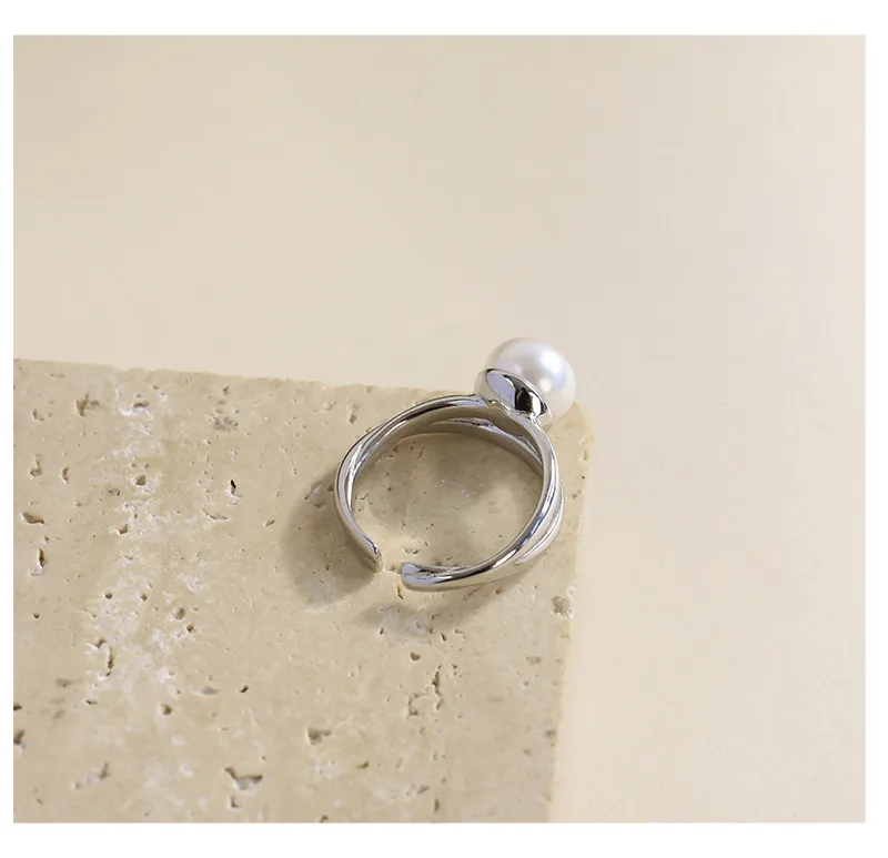 White Gold Plated 925 Sterling Silver Pearl Solid Color Open Rings display picture 8