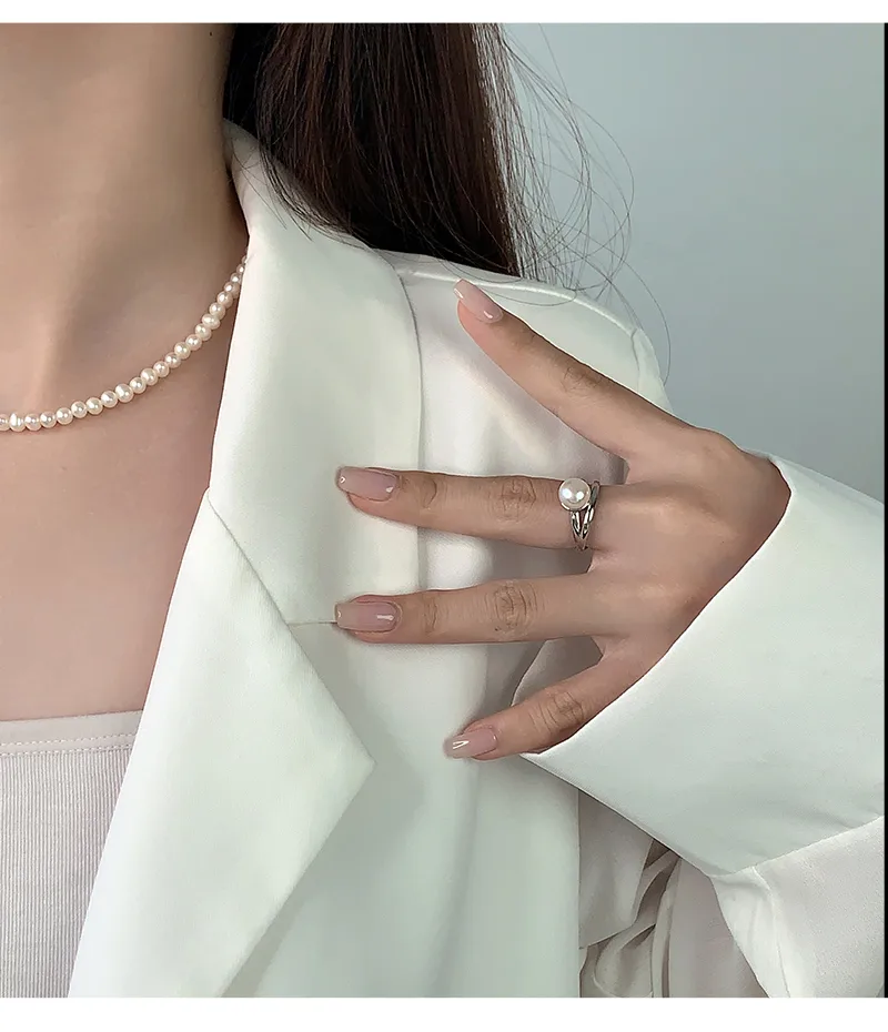 White Gold Plated 925 Sterling Silver Pearl Solid Color Open Rings display picture 10