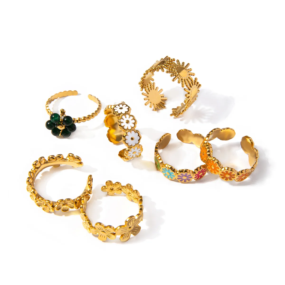 304 Stainless Steel 18K Gold Plated Sweet Enamel Plating Flower Rings display picture 1