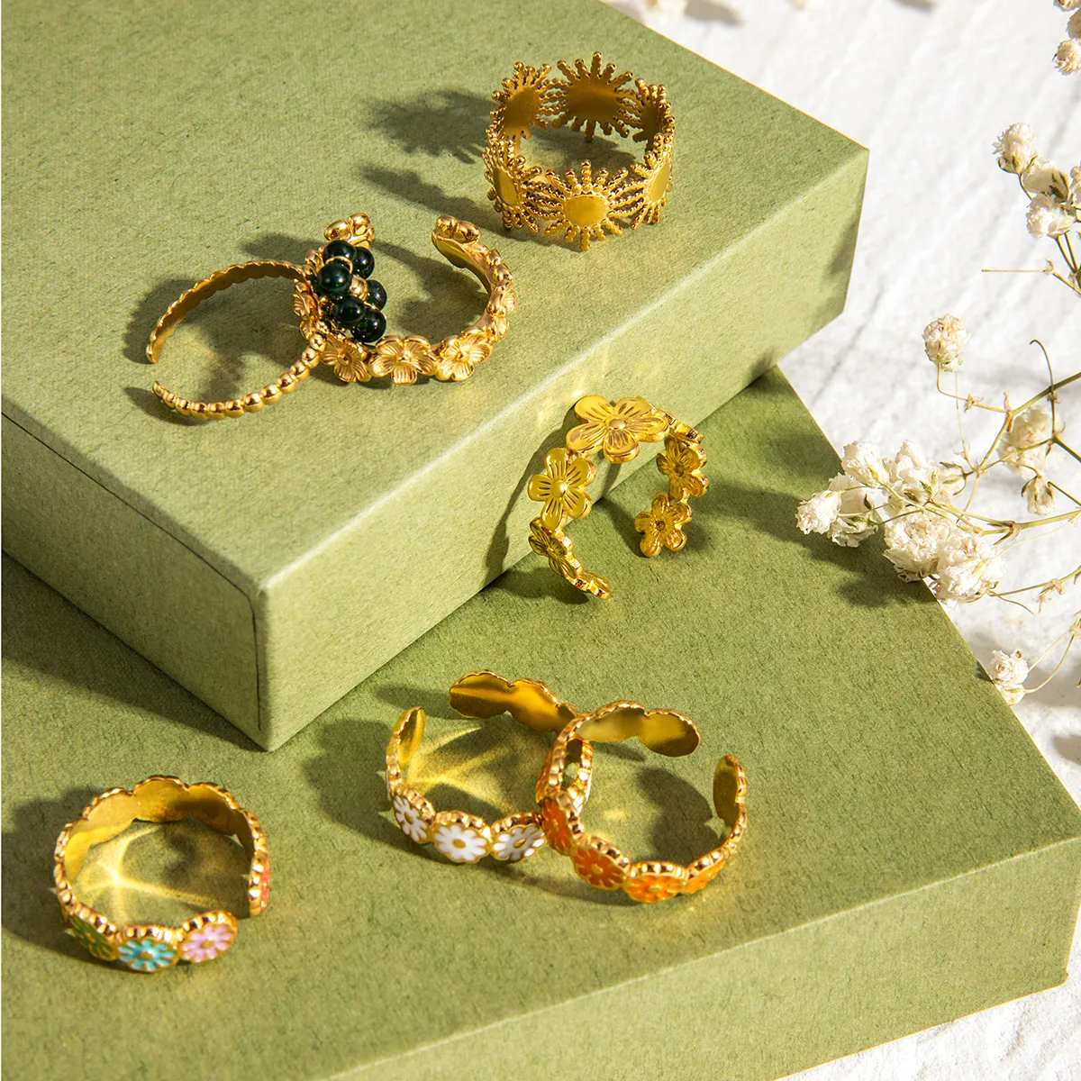 304 Stainless Steel 18K Gold Plated Sweet Enamel Plating Flower Rings display picture 4