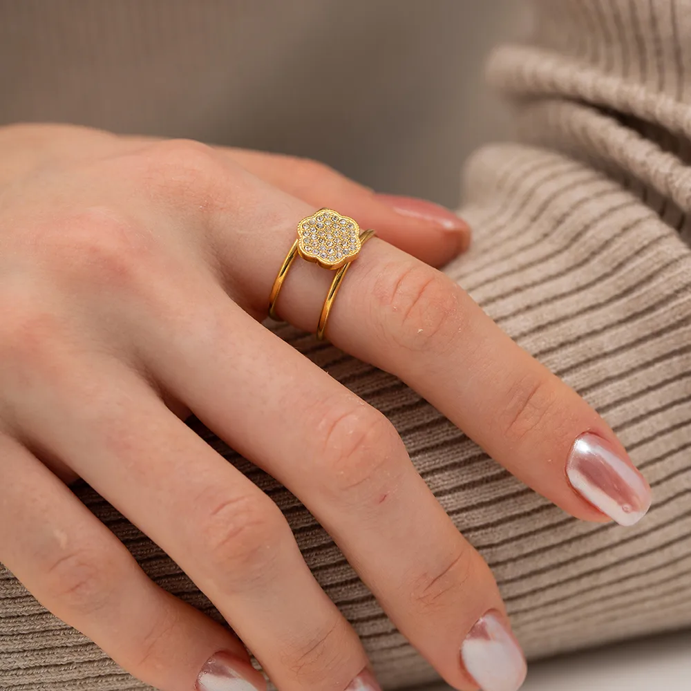 304 Stainless Steel 18K Gold Plated Sweet Enamel Plating Flower Rings display picture 11