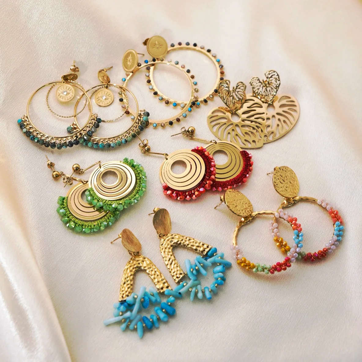 1 Pair Vacation Bohemian Round Heart Shape Patchwork Plating Inlay 304 Stainless Steel Natural Stone 14K Gold Plated Drop Earrings display picture 1