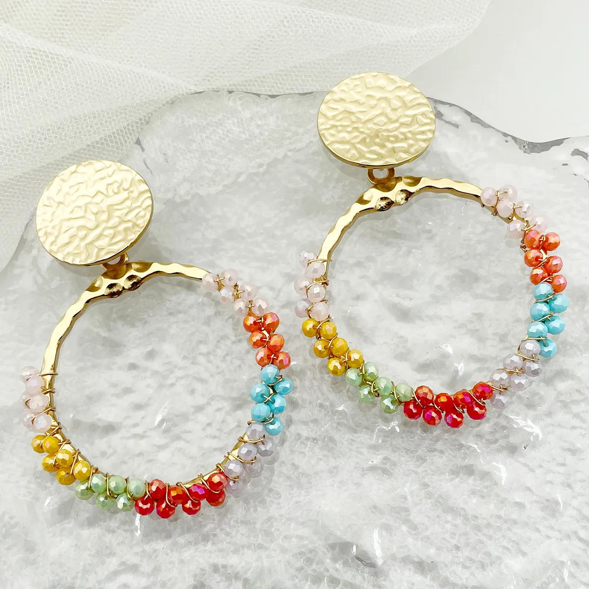 1 Pair Vacation Bohemian Round Heart Shape Patchwork Plating Inlay 304 Stainless Steel Natural Stone 14K Gold Plated Drop Earrings display picture 3