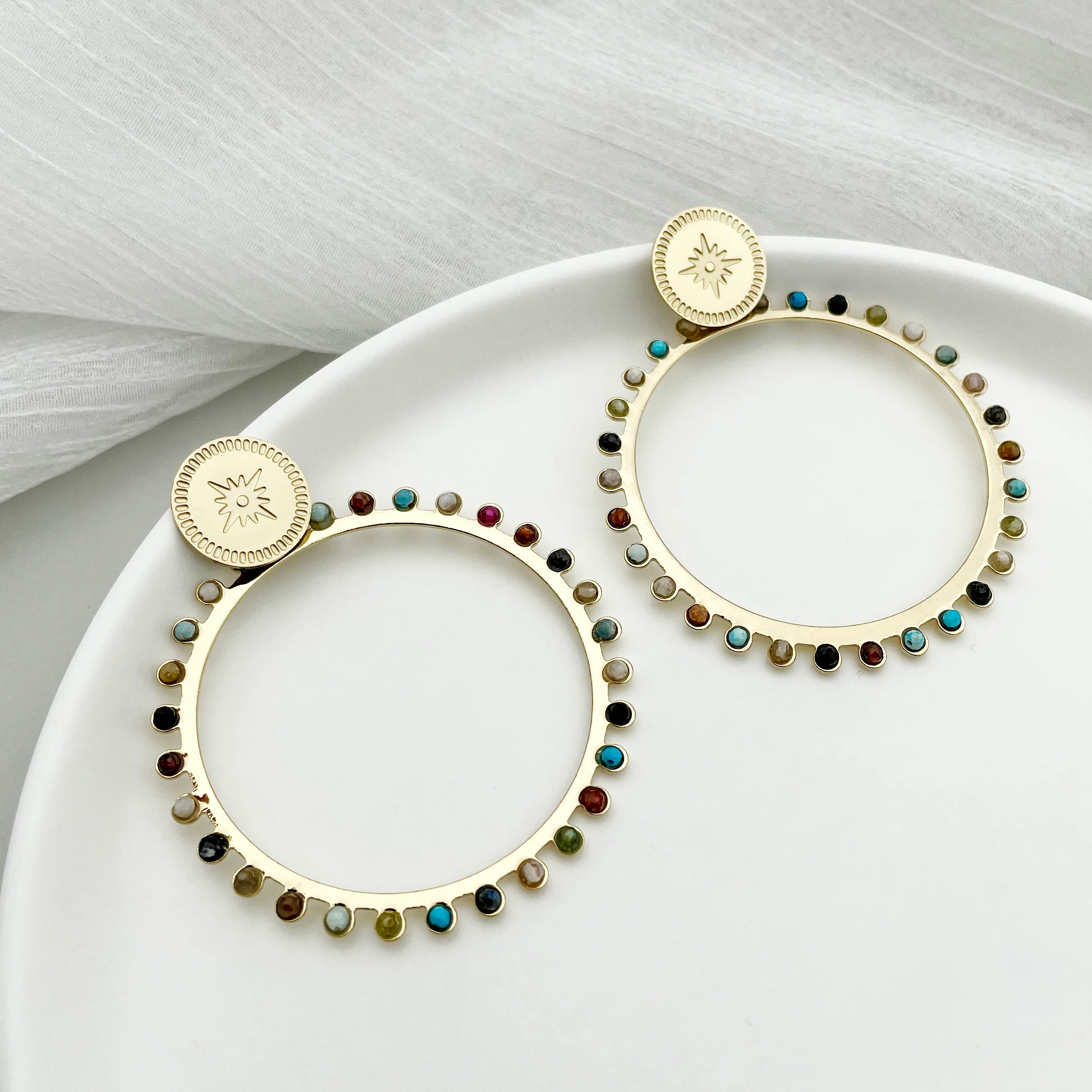 1 Pair Vacation Bohemian Round Heart Shape Patchwork Plating Inlay 304 Stainless Steel Natural Stone 14K Gold Plated Drop Earrings display picture 5