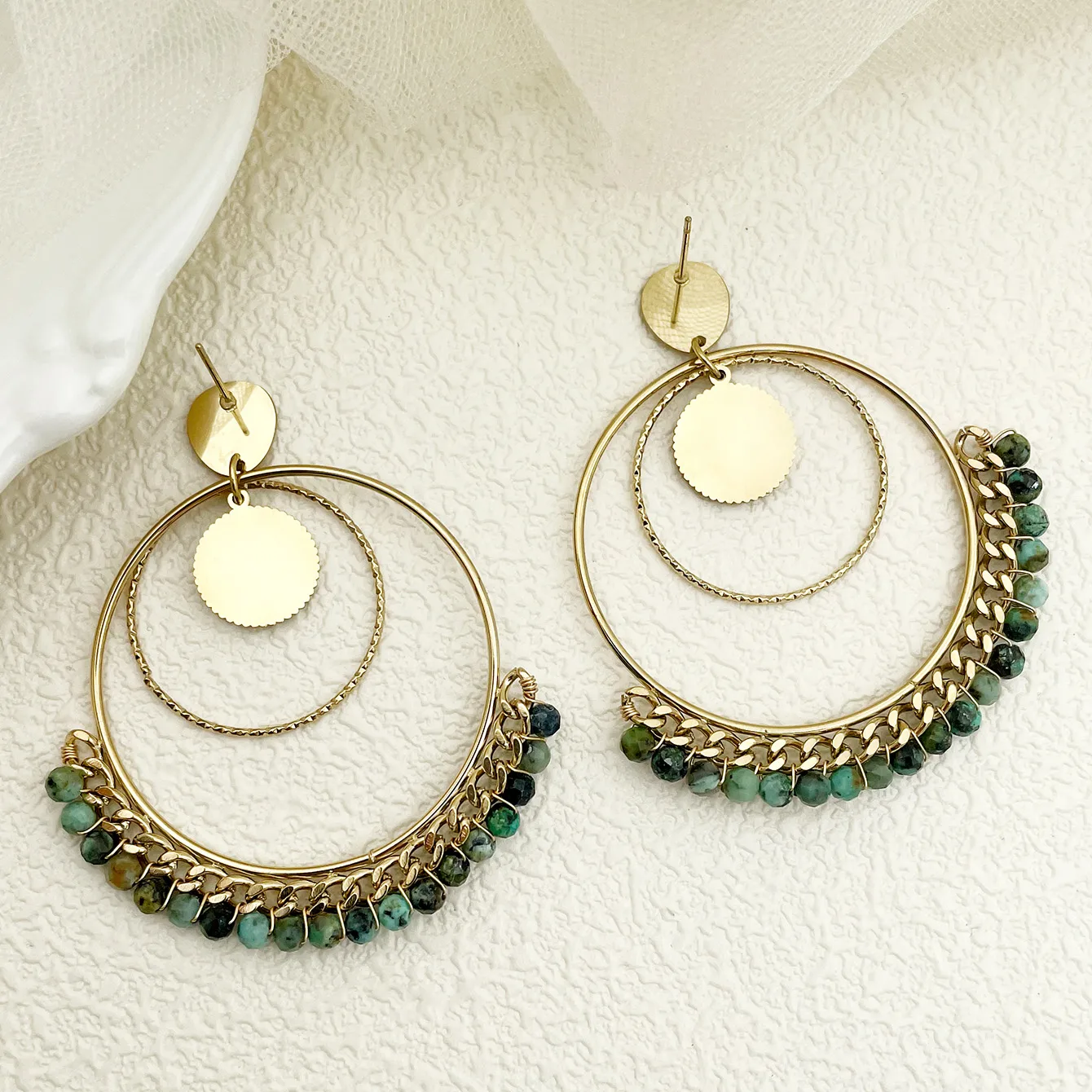 1 Pair Vacation Bohemian Round Heart Shape Patchwork Plating Inlay 304 Stainless Steel Natural Stone 14K Gold Plated Drop Earrings display picture 2