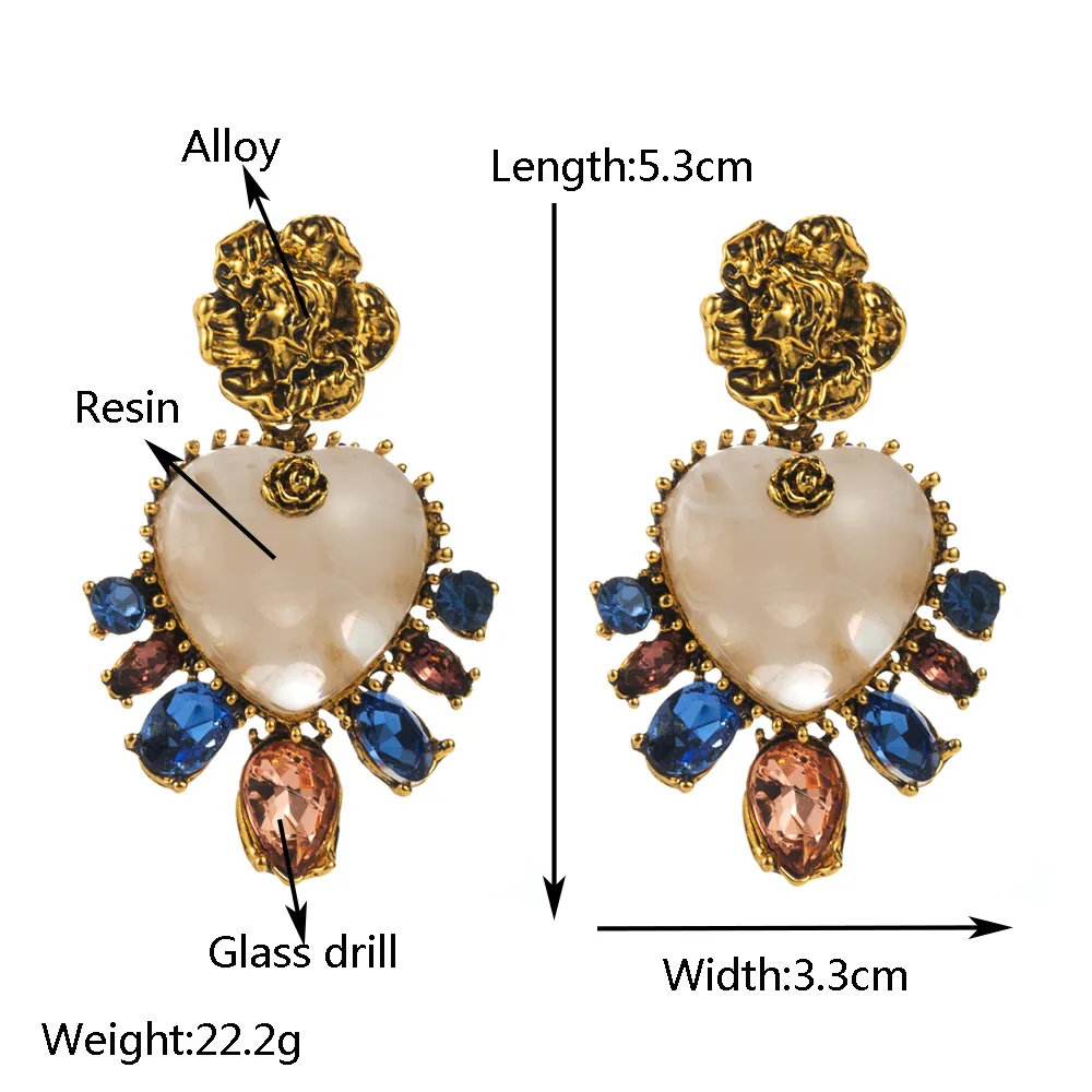 1 Pair Casual Vacation Classic Style Oval Heart Shape Flower Inlay Alloy Resin Resin Glass Gold Plated Drop Earrings display picture 1