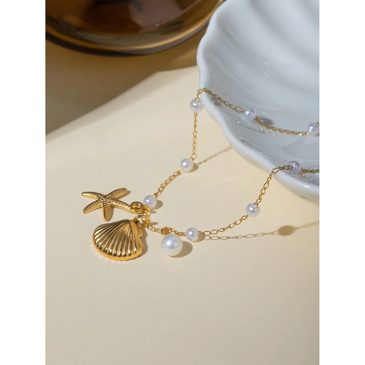 Beach Classic Style Starfish Shell 304 Stainless Steel Plating Inlay Pearl 18K Gold Plated Women's Anklet display picture 2