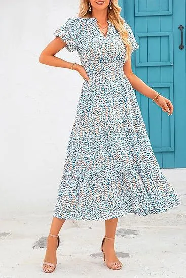 Women's Floral Dress Basic V Neck Pocket Short Sleeve Ditsy Floral Midi Dress Office Daily Date display picture 6