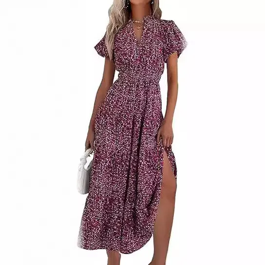 Women's Floral Dress Basic V Neck Pocket Short Sleeve Ditsy Floral Midi Dress Office Daily Date display picture 7