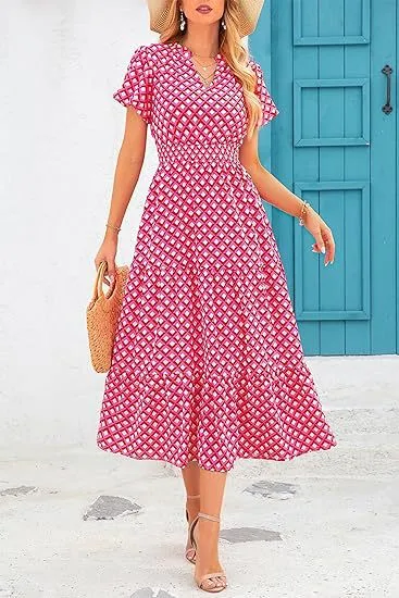 Women's Floral Dress Basic V Neck Pocket Short Sleeve Ditsy Floral Midi Dress Office Daily Date display picture 3