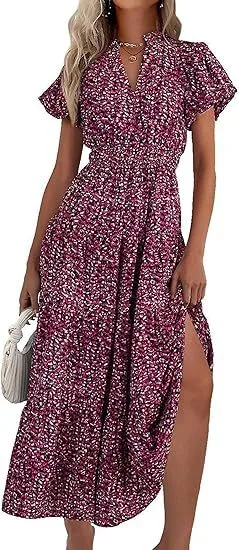 Women's Floral Dress Basic V Neck Pocket Short Sleeve Ditsy Floral Midi Dress Office Daily Date display picture 8