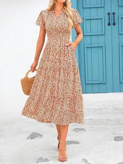 Women's Floral Dress Basic V Neck Pocket Short Sleeve Ditsy Floral Midi Dress Office Daily Date display picture 5