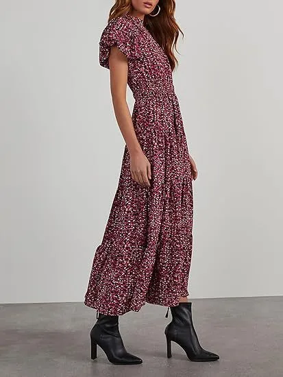 Women's Floral Dress Basic V Neck Pocket Short Sleeve Ditsy Floral Midi Dress Office Daily Date display picture 12