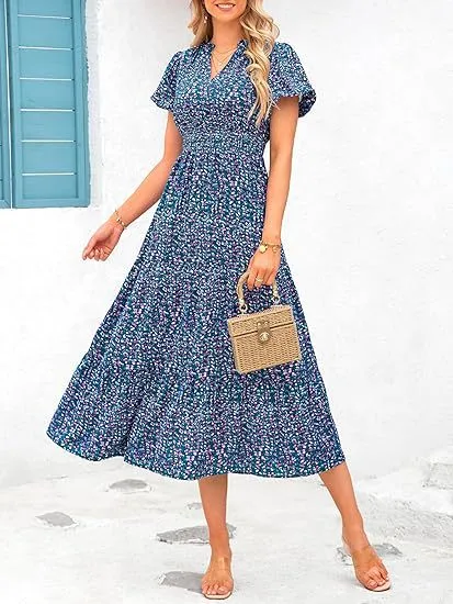 Women's Floral Dress Basic V Neck Pocket Short Sleeve Ditsy Floral Midi Dress Office Daily Date display picture 14