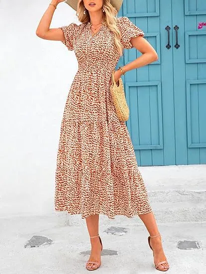 Women's Floral Dress Basic V Neck Pocket Short Sleeve Ditsy Floral Midi Dress Office Daily Date display picture 16
