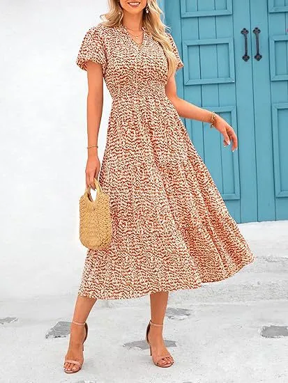Women's Floral Dress Basic V Neck Pocket Short Sleeve Ditsy Floral Midi Dress Office Daily Date display picture 24