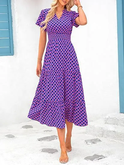 Women's Floral Dress Basic V Neck Pocket Short Sleeve Ditsy Floral Midi Dress Office Daily Date display picture 15