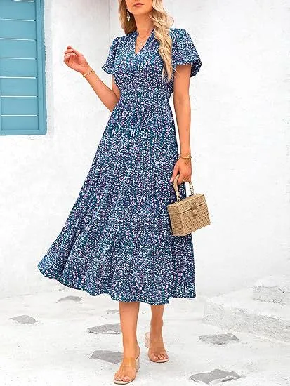 Women's Floral Dress Basic V Neck Pocket Short Sleeve Ditsy Floral Midi Dress Office Daily Date display picture 19