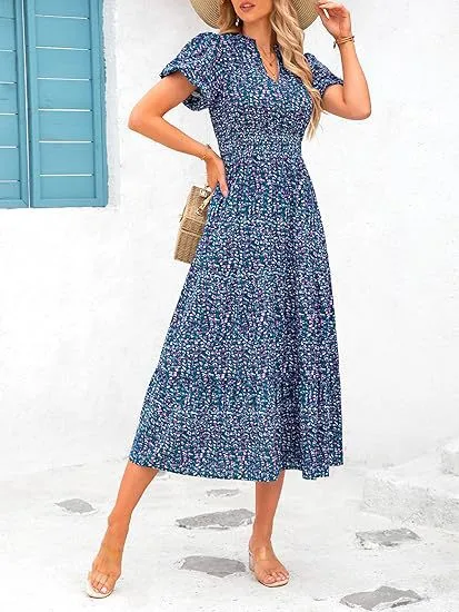 Women's Floral Dress Basic V Neck Pocket Short Sleeve Ditsy Floral Midi Dress Office Daily Date display picture 23