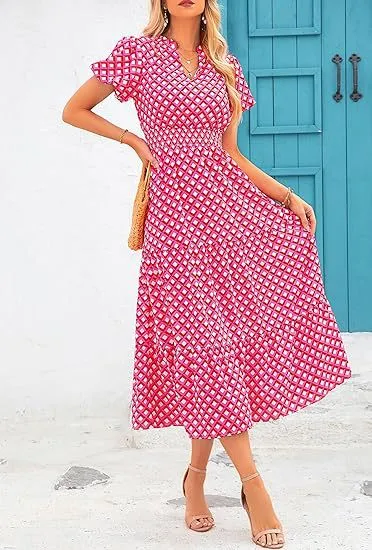 Women's Floral Dress Basic V Neck Pocket Short Sleeve Ditsy Floral Midi Dress Office Daily Date display picture 18