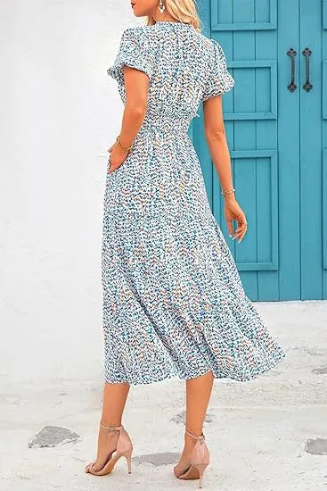 Women's Floral Dress Basic V Neck Pocket Short Sleeve Ditsy Floral Midi Dress Office Daily Date display picture 21