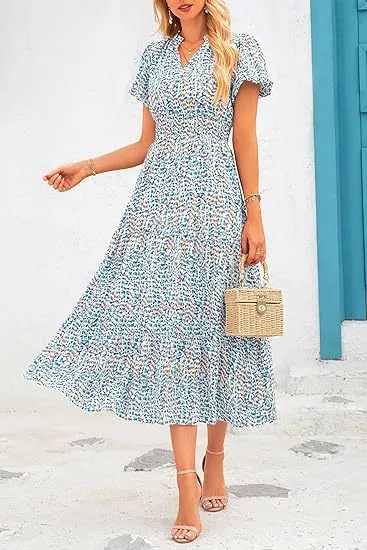 Women's Floral Dress Basic V Neck Pocket Short Sleeve Ditsy Floral Midi Dress Office Daily Date display picture 22