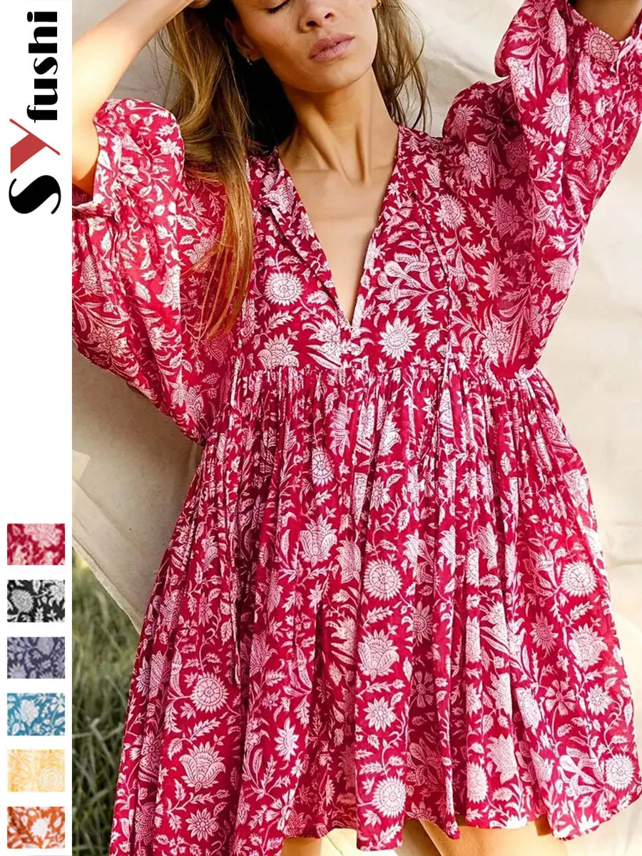 Women's Floral Dress Vacation V Neck 3/4 Length Sleeve Printing Above Knee Holiday Travel Beach display picture 14