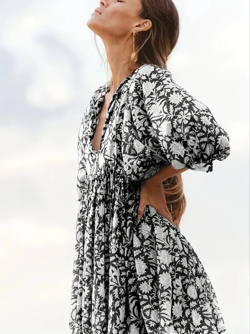 Women's Floral Dress Vacation V Neck 3/4 Length Sleeve Printing Above Knee Holiday Travel Beach display picture 4