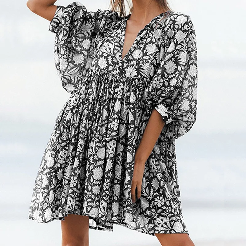 Women's Floral Dress Vacation V Neck 3/4 Length Sleeve Printing Above Knee Holiday Travel Beach display picture 21