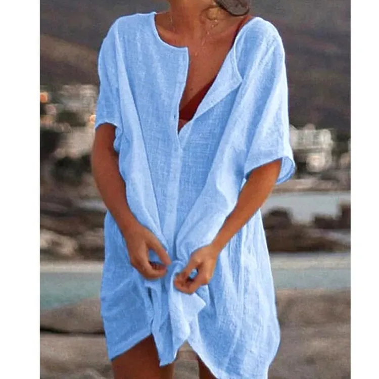 Foreign Trade Europe And The United States Women's Shirt Multi-color Multi-size Long Loose Solid Color Short Sleeve Shirt Women's Spot display picture 5