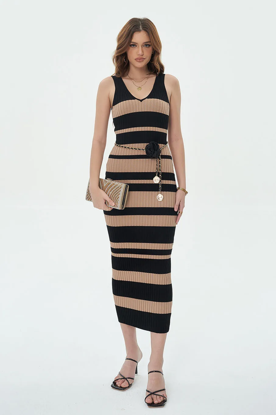 Women's Sheath Dress Tank Dress Simple Style V Neck Contrast Binding Sleeveless Stripe Midi Dress Holiday Date display picture 8