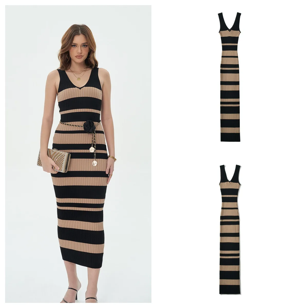 Women's Sheath Dress Tank Dress Simple Style V Neck Contrast Binding Sleeveless Stripe Midi Dress Holiday Date display picture 9