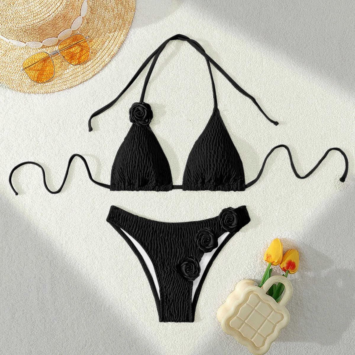 Women's Solid Color Flower 2 Pieces Set Bikinis Swimwear display picture 7