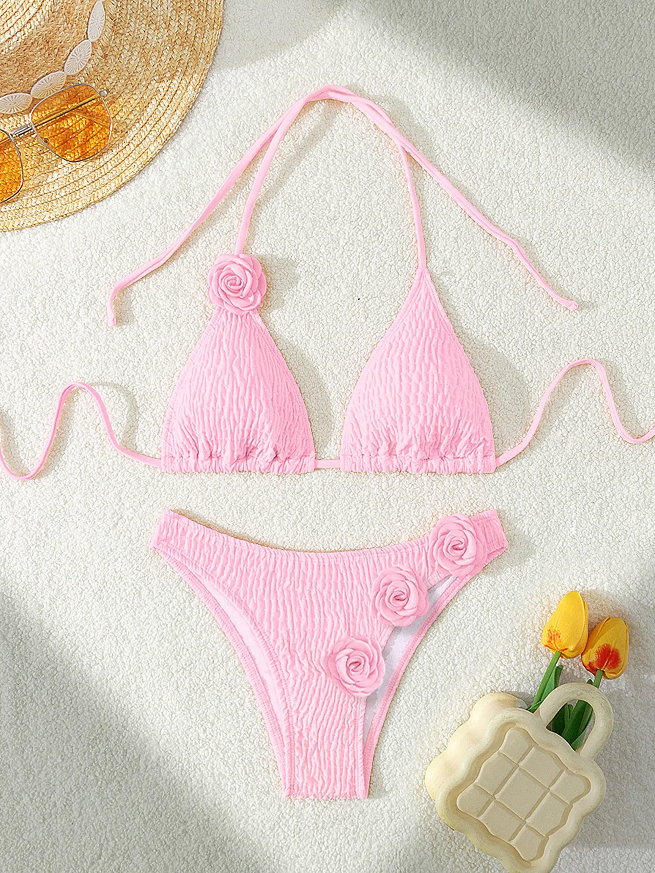 Women's Solid Color Flower 2 Pieces Set Bikinis Swimwear display picture 10