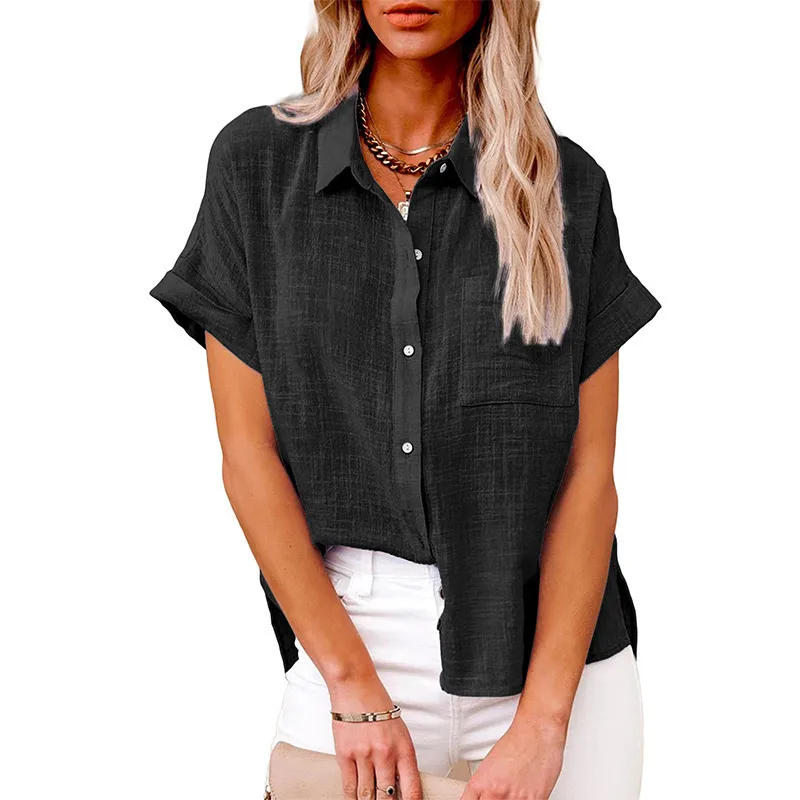 Designed Europe And The United States Spring And Summer New Explosion Top Cotton And Linen Pocket Short Sleeve Shirt T-shirt Women's Clothing display picture 2