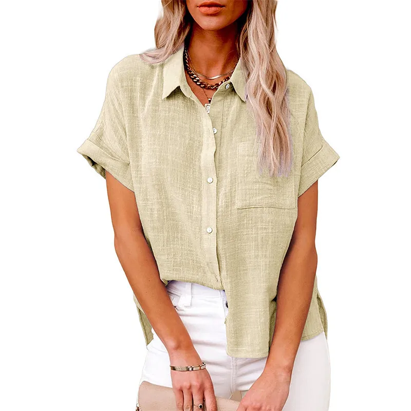Designed Europe And The United States Spring And Summer New Explosion Top Cotton And Linen Pocket Short Sleeve Shirt T-shirt Women's Clothing display picture 3