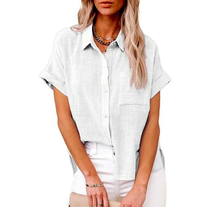 Designed Europe And The United States Spring And Summer New Explosion Top Cotton And Linen Pocket Short Sleeve Shirt T-shirt Women's Clothing display picture 1