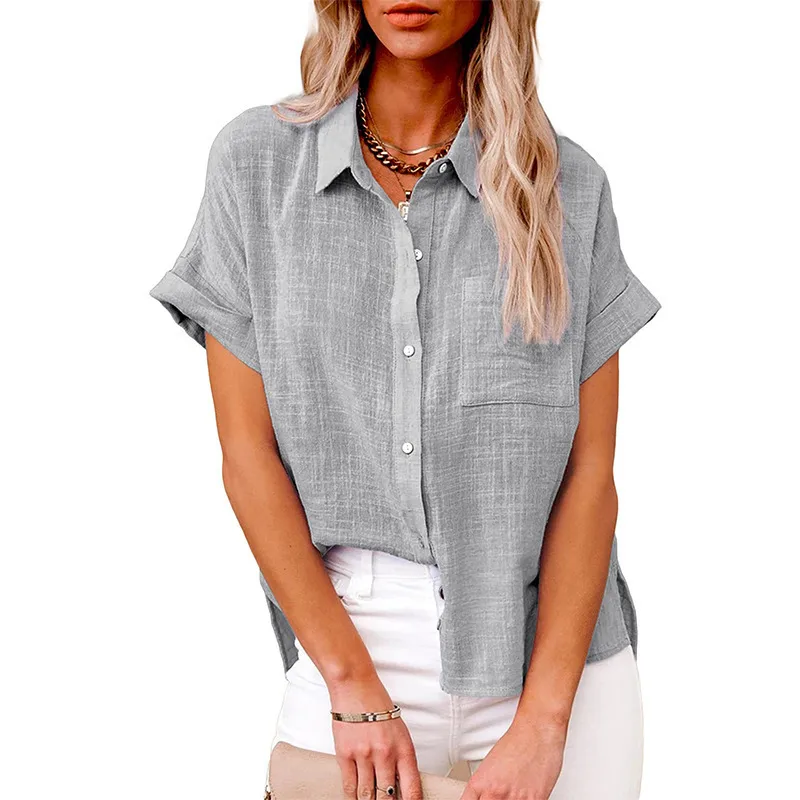 Designed Europe And The United States Spring And Summer New Explosion Top Cotton And Linen Pocket Short Sleeve Shirt T-shirt Women's Clothing display picture 6