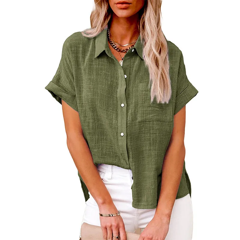 Designed Europe And The United States Spring And Summer New Explosion Top Cotton And Linen Pocket Short Sleeve Shirt T-shirt Women's Clothing display picture 7