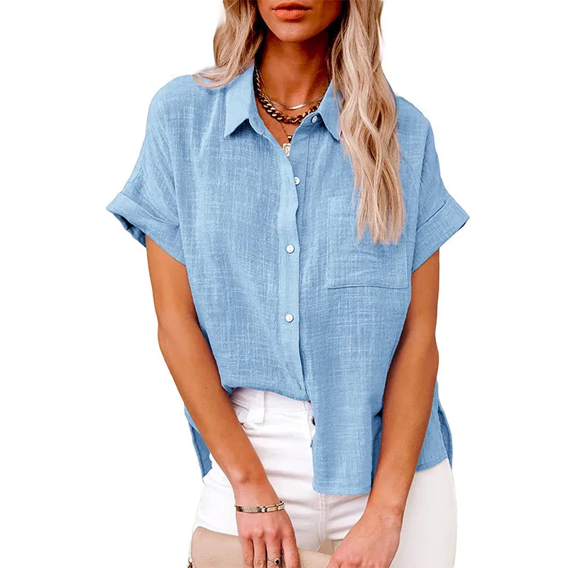 Designed Europe And The United States Spring And Summer New Explosion Top Cotton And Linen Pocket Short Sleeve Shirt T-shirt Women's Clothing display picture 8