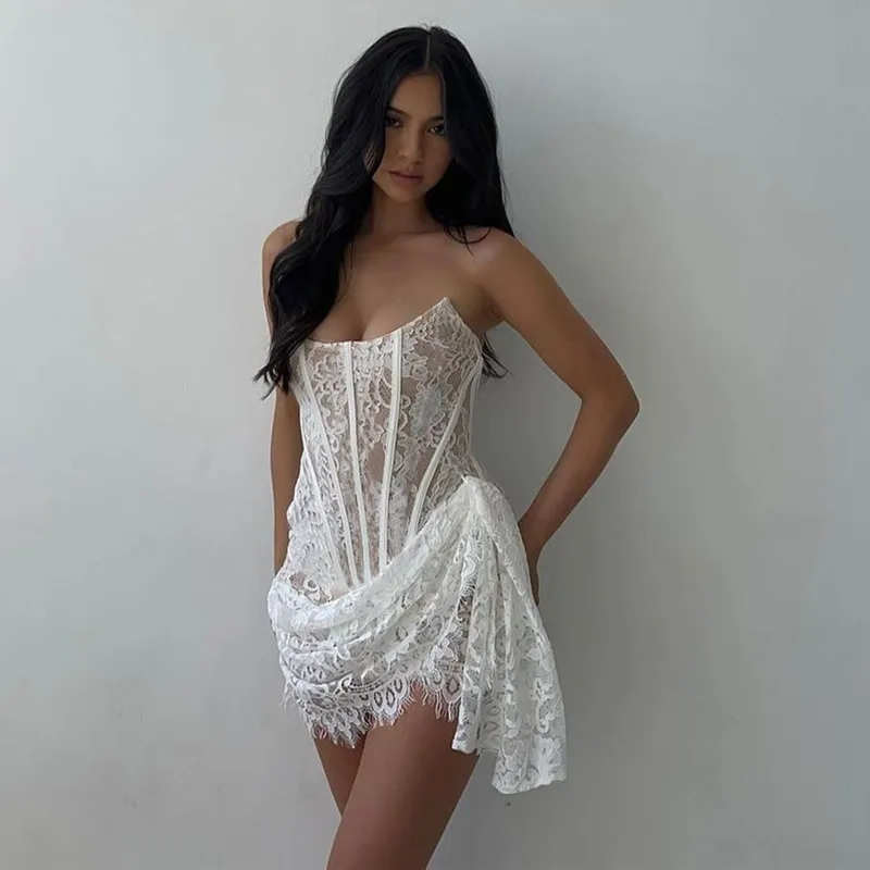 Women's Lace Dress Sexy Strapless Mesh Sleeveless Lace Above Knee Date Cocktail Party display picture 1